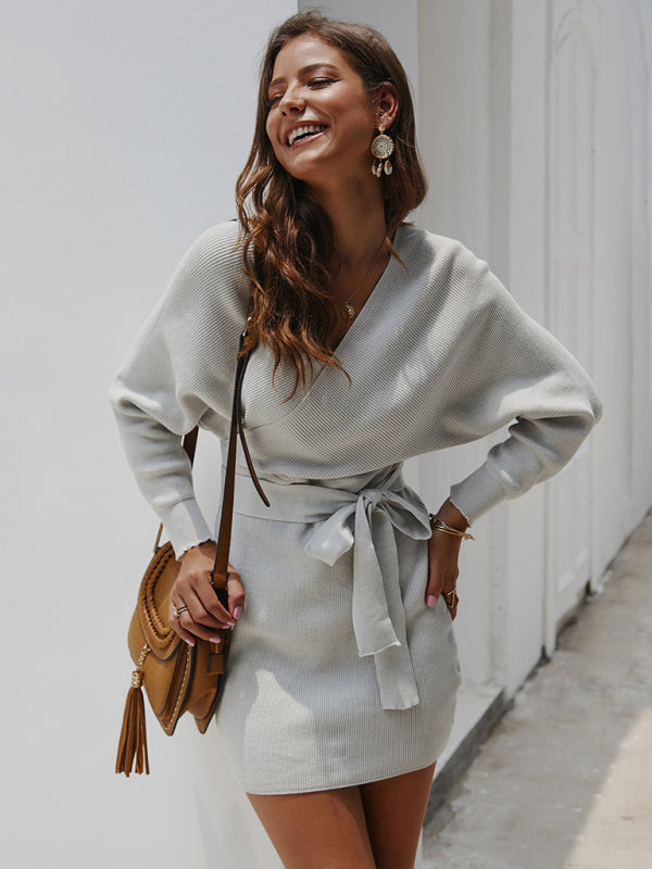 Wrap Knit Sweater Mini Dress with Tie Waist and V-Neck Group9 MyDresses