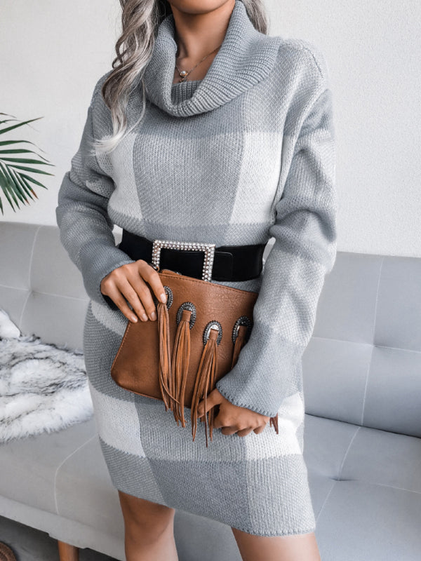 Plaid High Collar Knitted Mini Dress with Belt Mini Dresses MyDresses Grey 10 | M 