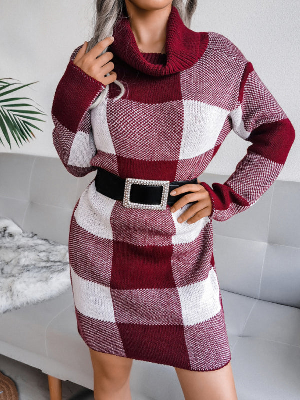 Plaid High Collar Knitted Mini Dress with Belt Mini Dresses MyDresses Red 8 | S 