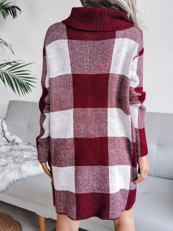 Plaid High Collar Knitted Mini Dress with Belt Mini Dresses MyDresses 