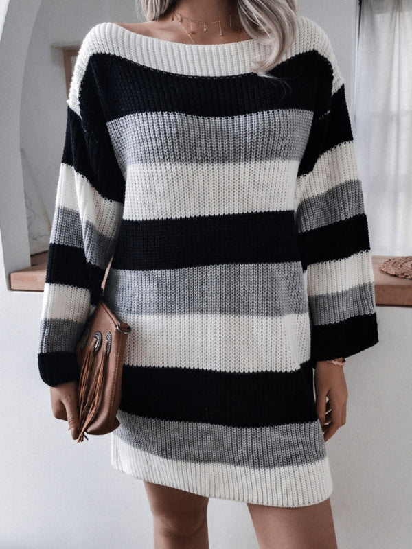 Off-Shoulder Knitted Dress with Striped Pattern Mini Dresses MyDresses Black 10 | M 