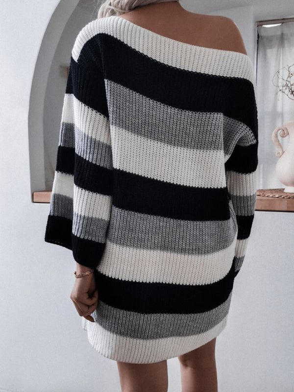 Off-Shoulder Knitted Dress with Striped Pattern Mini Dresses MyDresses 