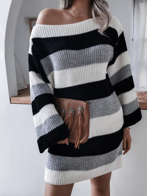 Off-Shoulder Knitted Dress with Striped Pattern Mini Dresses MyDresses 