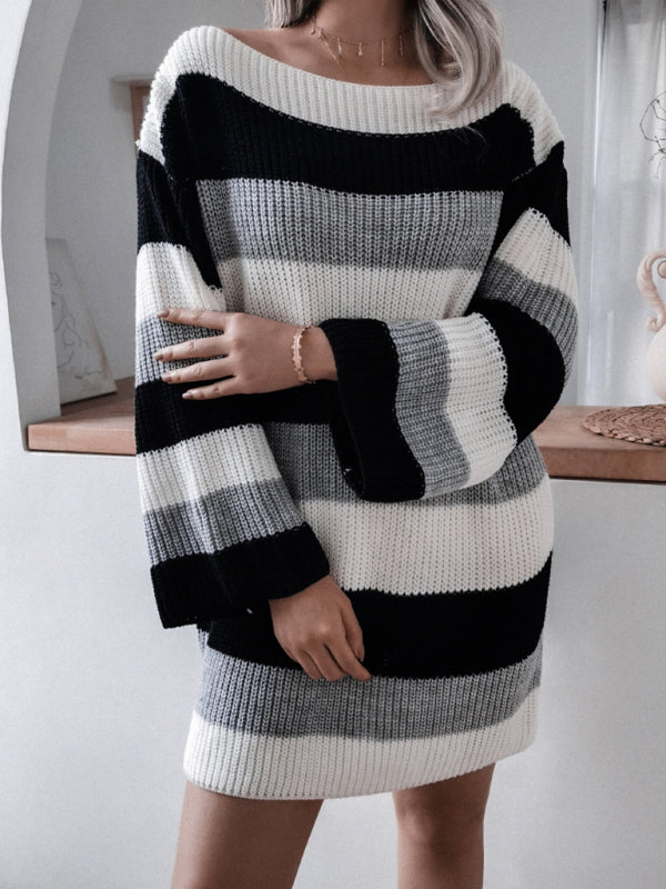 Off-Shoulder Knitted Dress with Striped Pattern Mini Dresses MyDresses 
