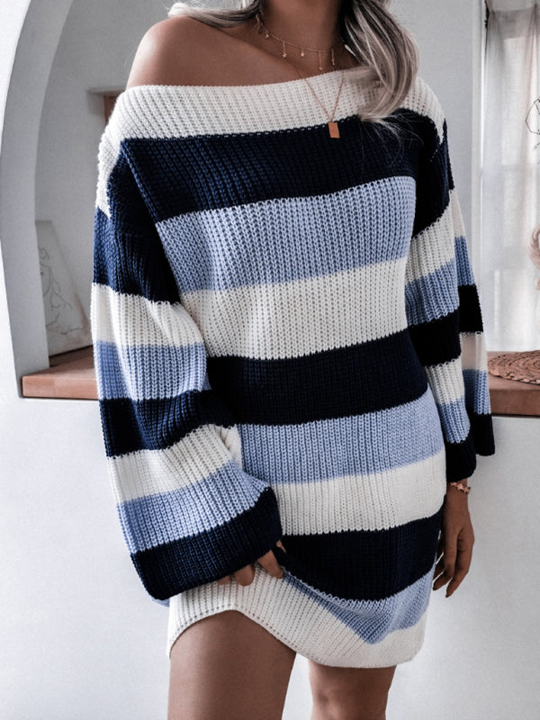 Off-Shoulder Knitted Dress with Striped Pattern Mini Dresses MyDresses 