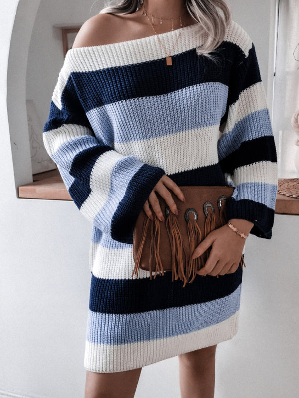 Off-Shoulder Knitted Dress with Striped Pattern Mini Dresses MyDresses 