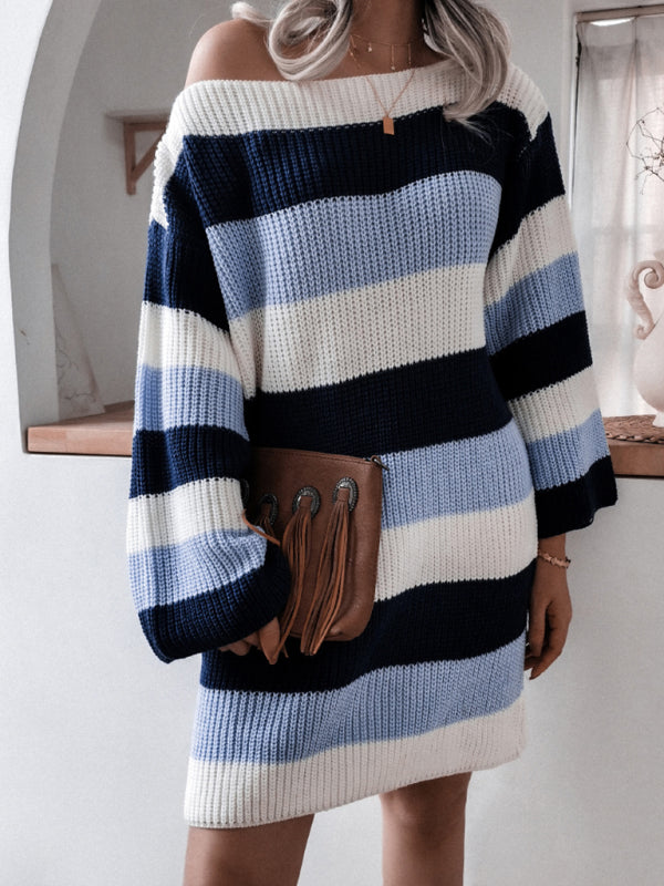 Off-Shoulder Knitted Dress with Striped Pattern Mini Dresses MyDresses 