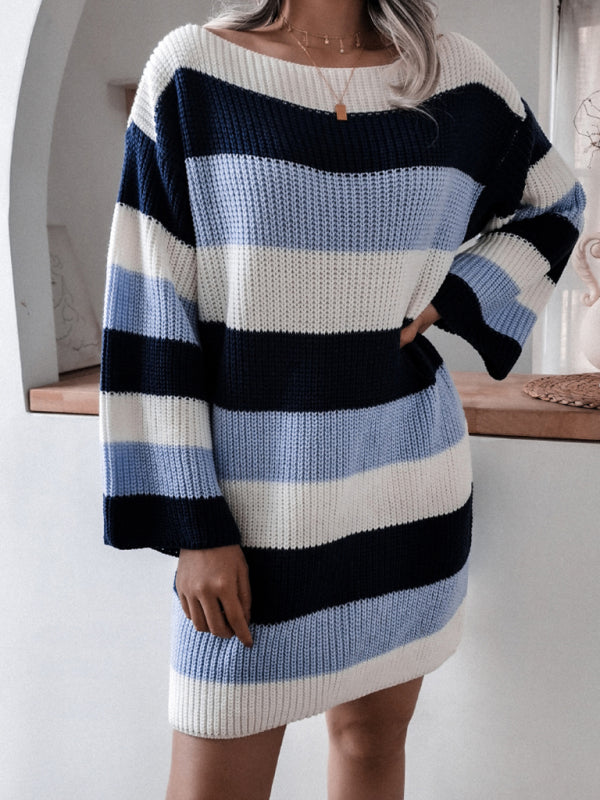 Off-Shoulder Knitted Dress with Striped Pattern Mini Dresses MyDresses Navy 10 | M 