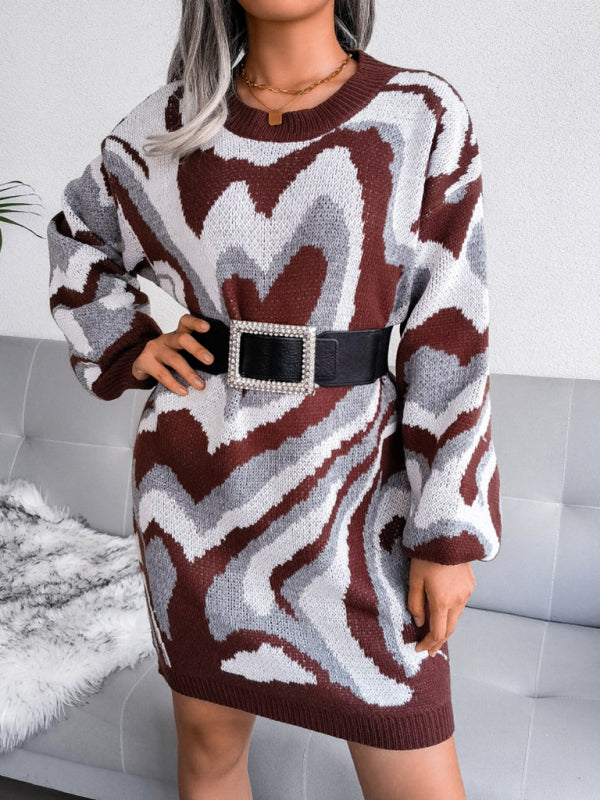 Heart Pattern Knitted Mini Dress with Long Sleeves Mini Dresses MyDresses Brown 8 | S 