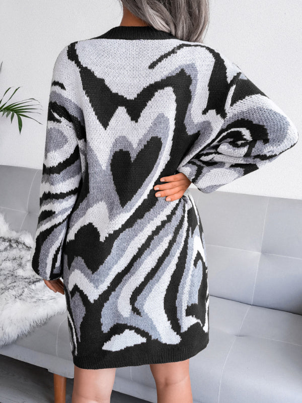 Heart Pattern Knitted Mini Dress with Long Sleeves Mini Dresses MyDresses 