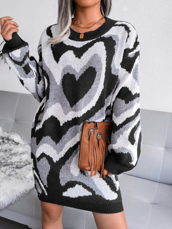 Heart Pattern Knitted Mini Dress with Long Sleeves Mini Dresses MyDresses 
