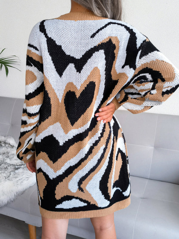 Heart Pattern Knitted Mini Dress with Long Sleeves Mini Dresses MyDresses 