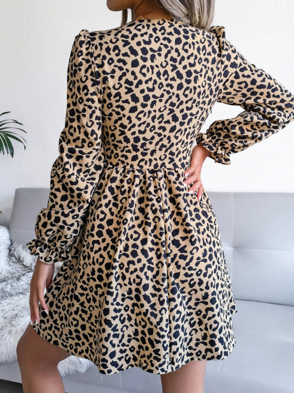Leopard Print Mini Dress with Pleated Waist and V-Neck Mini Dresses MyDresses 