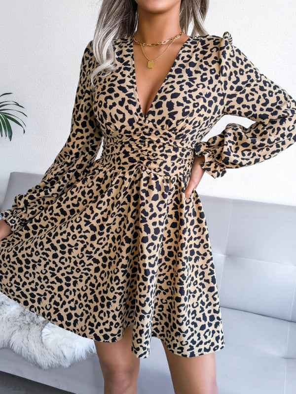 Leopard Print Mini Dress with Pleated Waist and V-Neck Mini Dresses MyDresses 