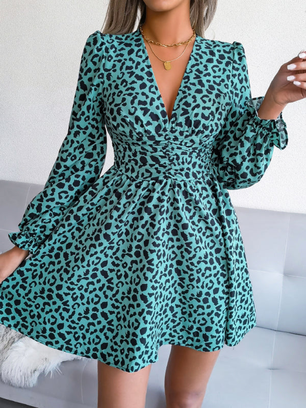 Leopard Print Mini Dress with Pleated Waist and V-Neck Mini Dresses MyDresses 