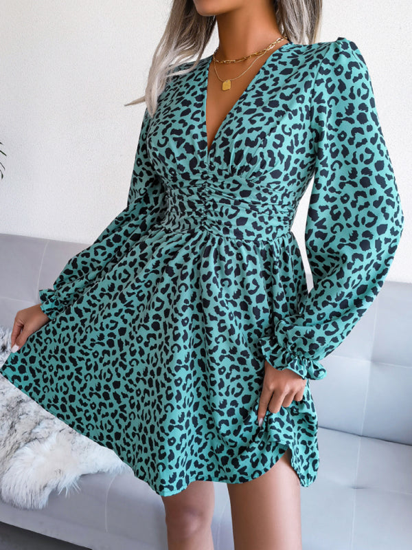 Leopard Print Mini Dress with Pleated Waist and V-Neck Mini Dresses MyDresses 