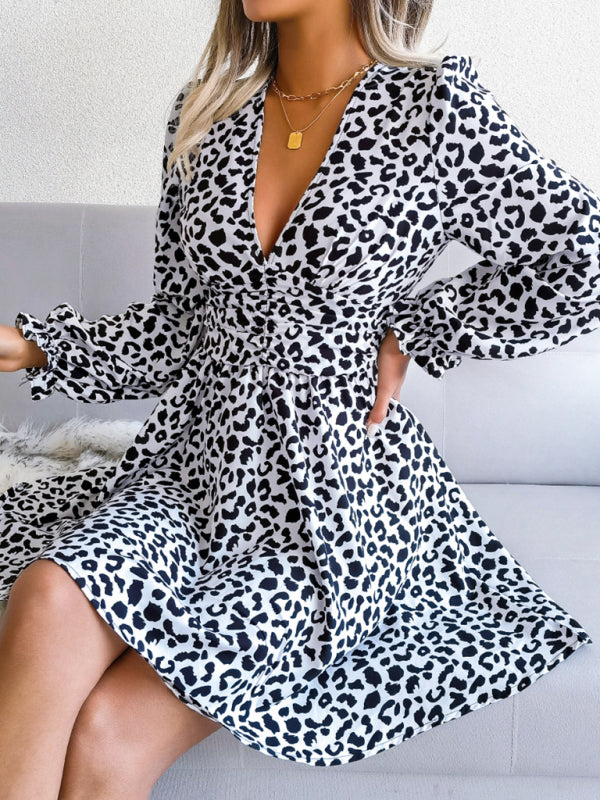 Leopard Print Mini Dress with Pleated Waist and V-Neck Mini Dresses MyDresses 