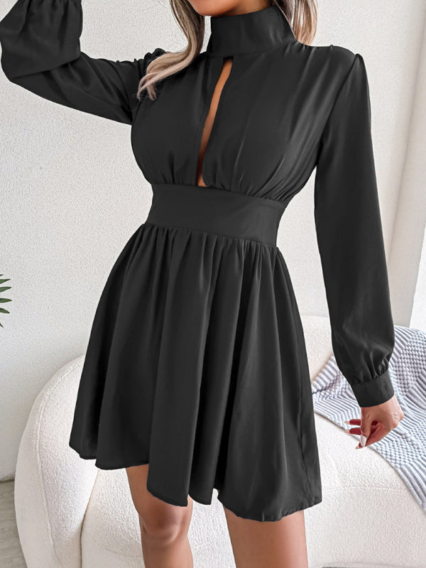 High Neck Mini Dress with Hollowed Out Waist and Flared Skirt Mini Dresses MyDresses 