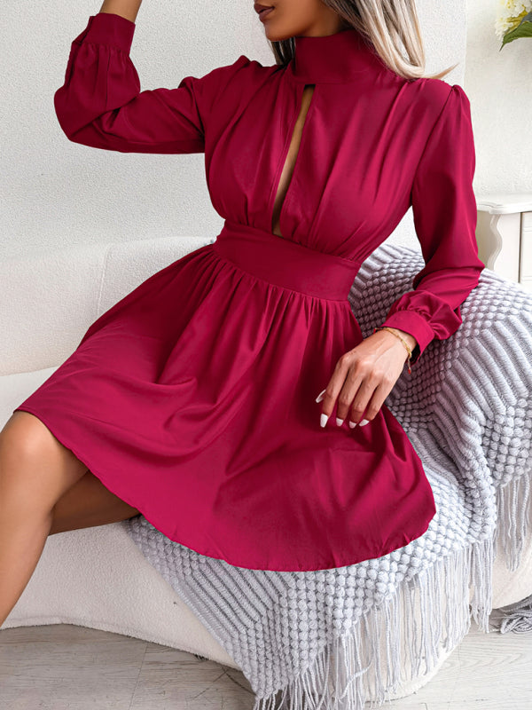 High Neck Mini Dress with Hollowed Out Waist and Flared Skirt Mini Dresses MyDresses 