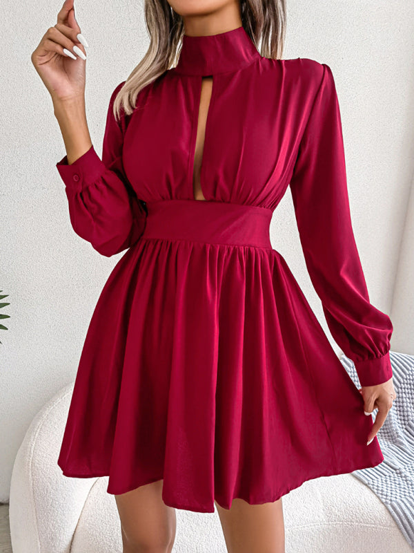 High Neck Mini Dress with Hollowed Out Waist and Flared Skirt Mini Dresses MyDresses 