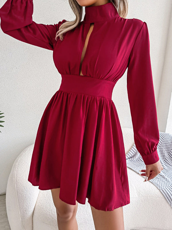 High Neck Mini Dress with Hollowed Out Waist and Flared Skirt Mini Dresses MyDresses 