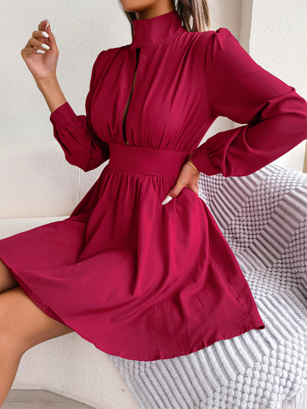High Neck Mini Dress with Hollowed Out Waist and Flared Skirt Mini Dresses MyDresses 