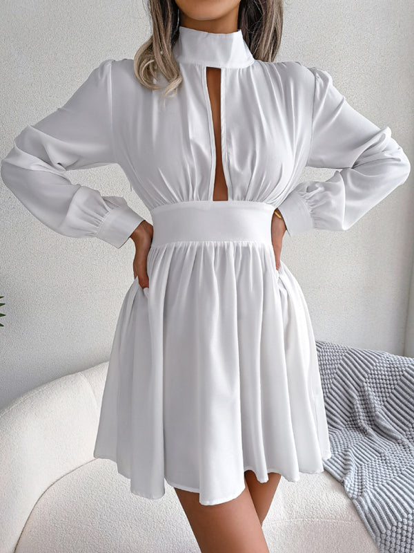 High Neck Mini Dress with Hollowed Out Waist and Flared Skirt Mini Dresses MyDresses 