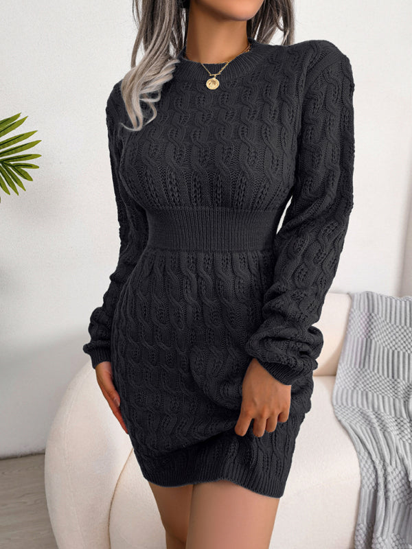 Cable Knit Mini Dress with Fitted Waist and Long Sleeves Mini Dresses MyDresses 