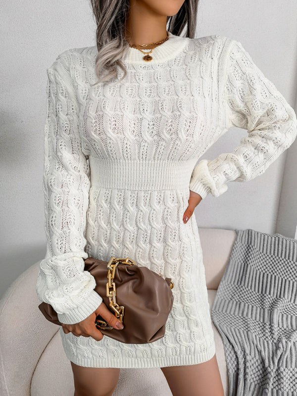 Cable Knit Mini Dress with Fitted Waist and Long Sleeves Mini Dresses MyDresses 