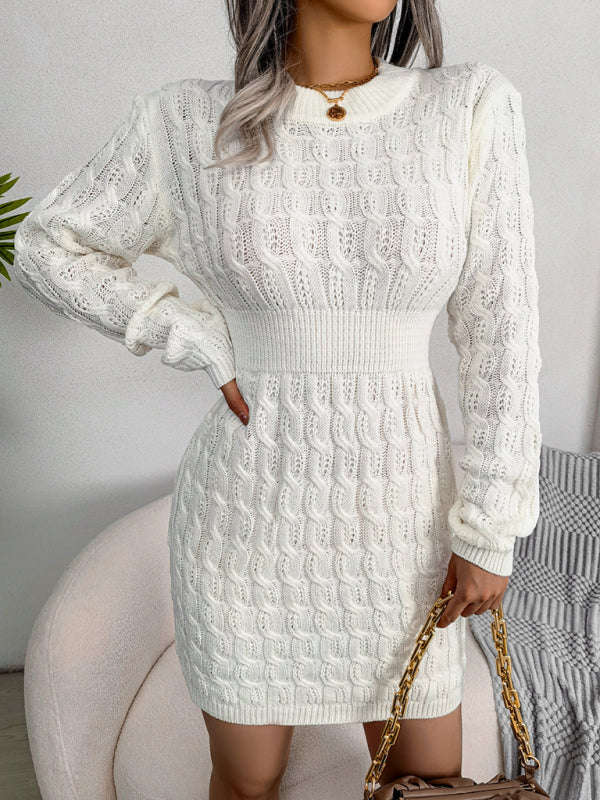 Cable Knit Mini Dress with Fitted Waist and Long Sleeves Mini Dresses MyDresses White 8 | S 