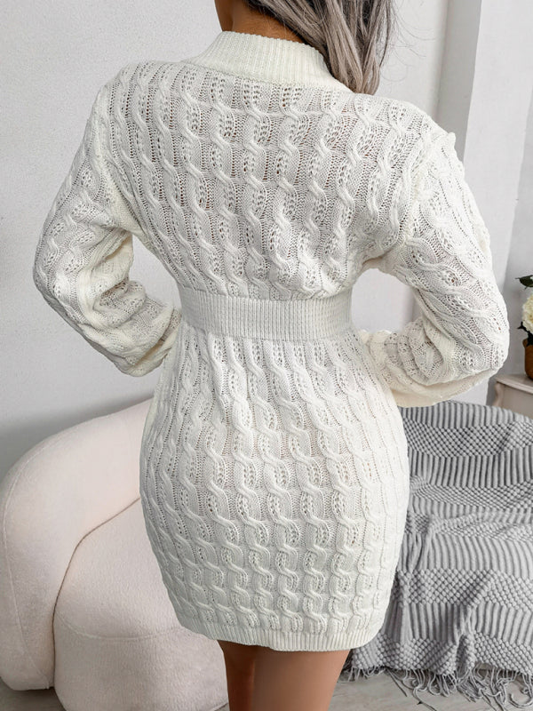 Cable Knit Mini Dress with Fitted Waist and Long Sleeves Mini Dresses MyDresses 