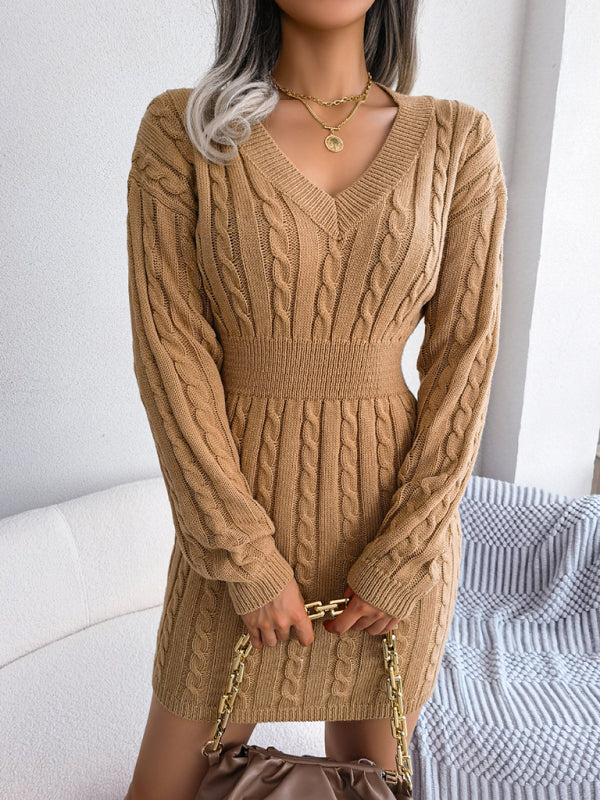 Cable Knit Mini Dress with V-Neck and Fitted Waist Mini Dresses MyDresses 