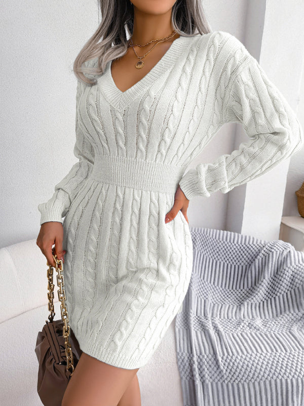 Cable Knit Mini Dress with V-Neck and Fitted Waist Mini Dresses MyDresses 