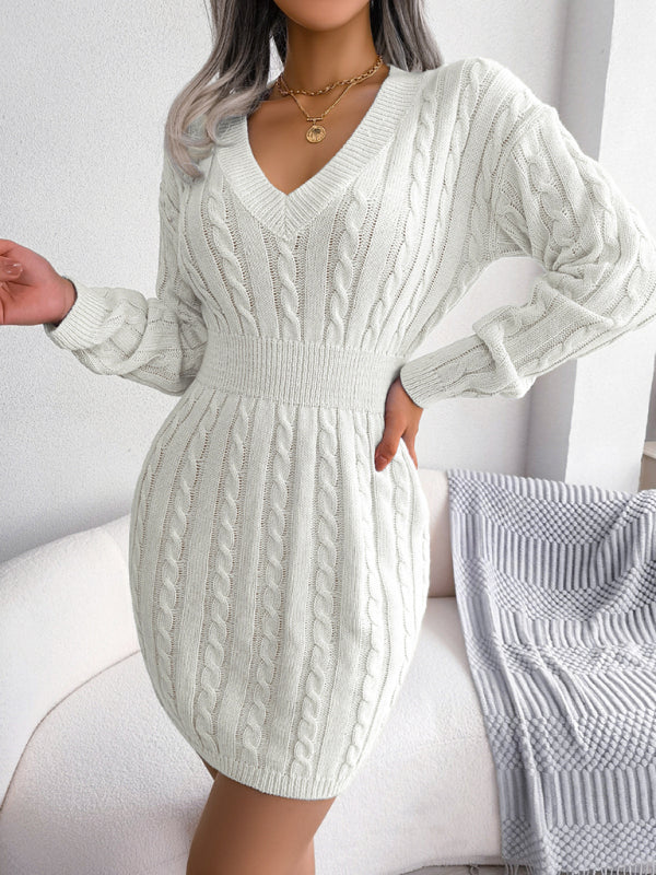 Cable Knit Mini Dress with V-Neck and Fitted Waist Mini Dresses MyDresses 