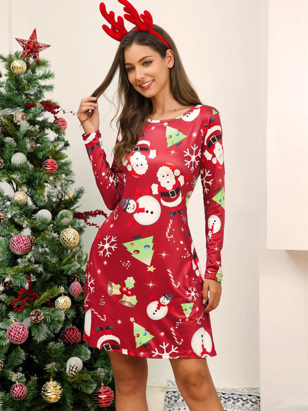 Christmas Print Long Sleeve Dress with Festive Holiday Design Mini Dresses MyDresses 