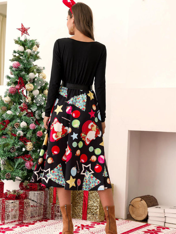 Christmas Print Swing Dress with Santa Claus Print and Belt Midi Dresses MyDresses 