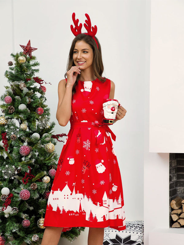 Christmas Print A-Line Dress with Festive Santa and Snowflakes Midi Dresses MyDresses 