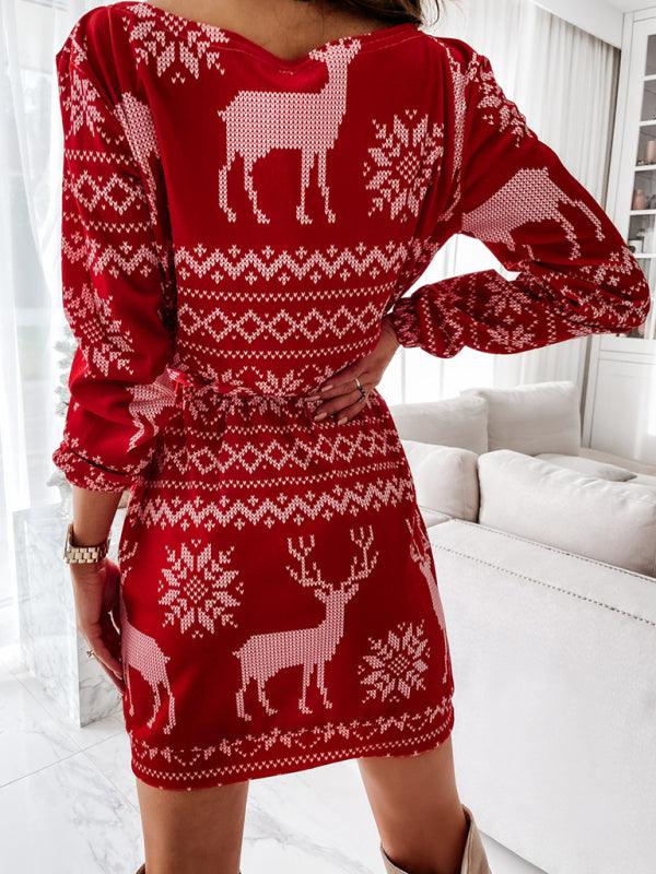 Christmas Mini Dress with Reindeer Pattern and Belted Waist Midi Dresses MyDresses 