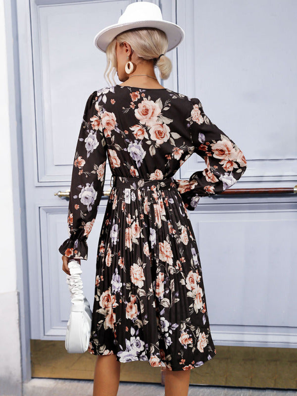 Floral Print Midi Dress with Pleated Skirt and Tie Waist Midi Dresses MyDresses 