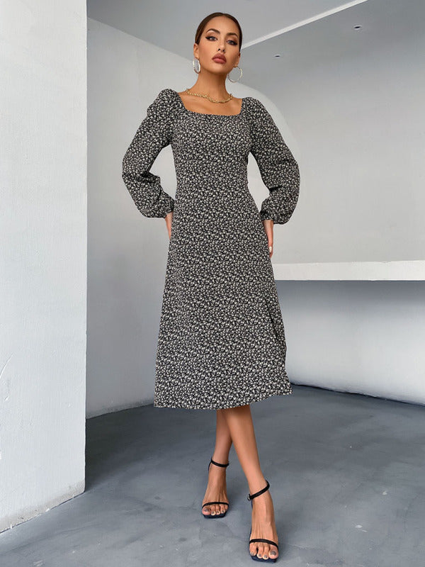 Floral Print Midi Dress with Square Neck and Long Sleeves Group6 MyDresses Black 8 | S