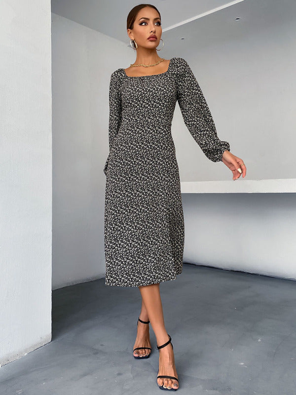 Floral Print Midi Dress with Square Neck and Long Sleeves Group6 MyDresses