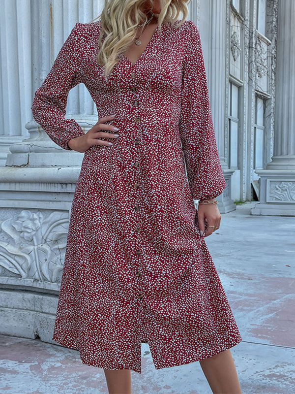 Floral Print V-Neck Midi Dress with Button-Down Front Group11 MyDresses Red 8 | S