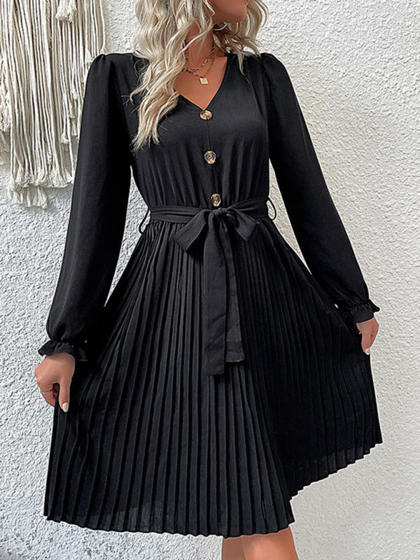 Pleated Midi Dress with Button-Down Front and Belted Waist Group5 MyDresses Black 8 | S