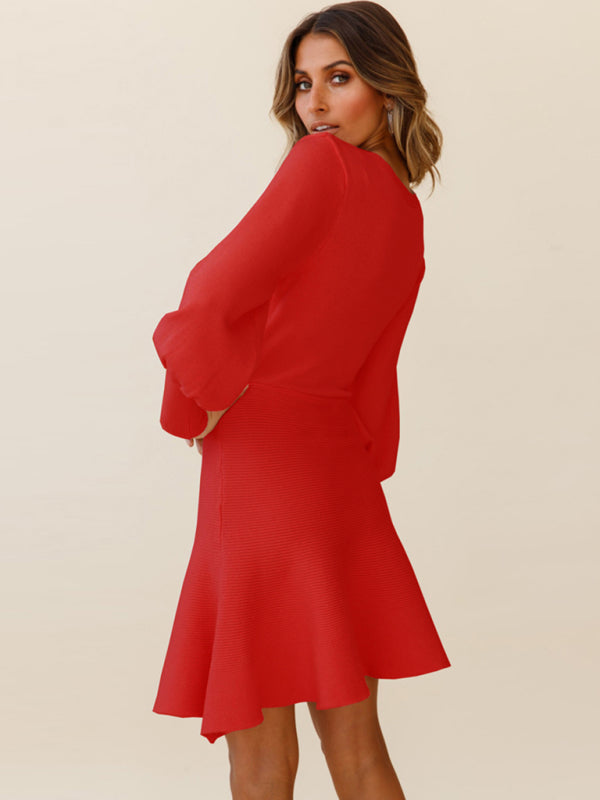 Balloon Sleeve Ribbed Sweater Dress with A-Line Skirt Mini Dresses MyDresses 