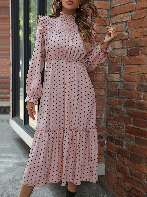 Polka Dot Midi Dress with Smocked Bodice and Tiered Skirt Group8 MyDresses Pink 8 | S