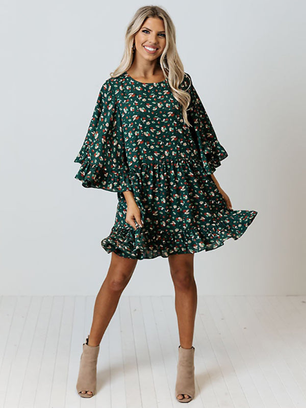 Floral Print Mini Dress with Batwing Sleeves and Ruffled Hem Mini Dresses MyDresses Green 8 | S 