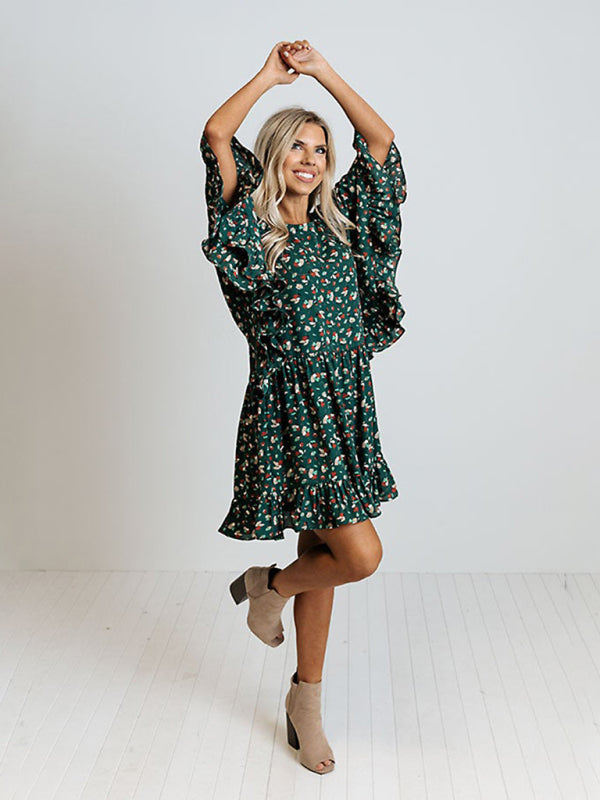 Floral Print Mini Dress with Batwing Sleeves and Ruffled Hem Mini Dresses MyDresses 