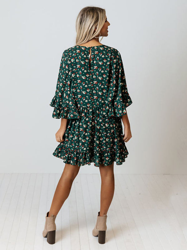 Floral Print Mini Dress with Batwing Sleeves and Ruffled Hem Mini Dresses MyDresses 
