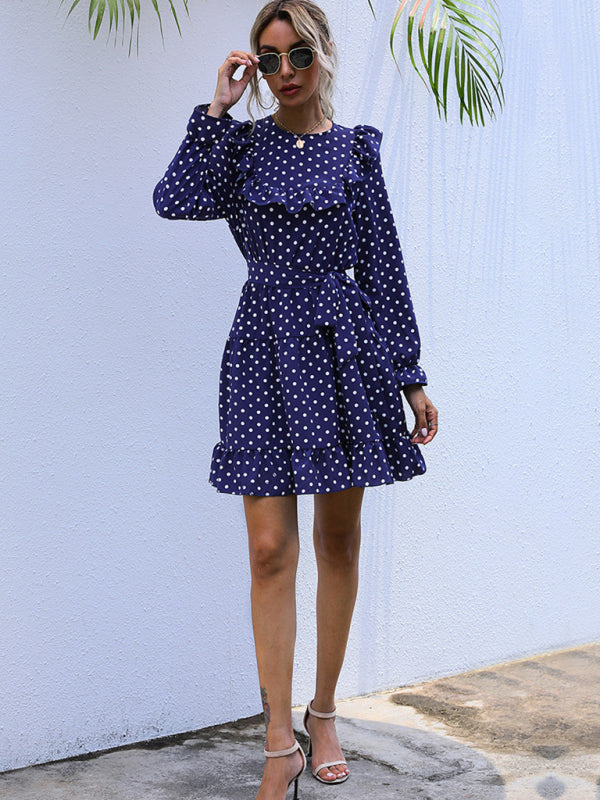 Polka Dot Mini Dress with Ruffle Long Sleeves and Tie Waist Group10 MyDresses