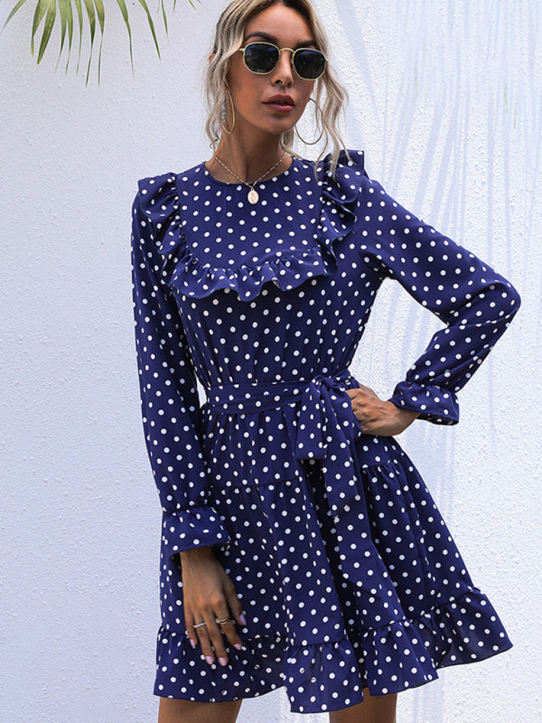 Polka Dot Mini Dress with Ruffle Long Sleeves and Tie Waist Group10 MyDresses Blue 8 | S